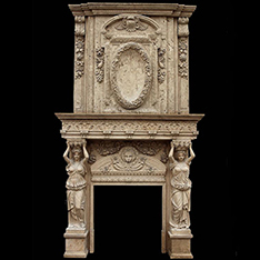 Traveritne double fireplace mantel with statues for sale